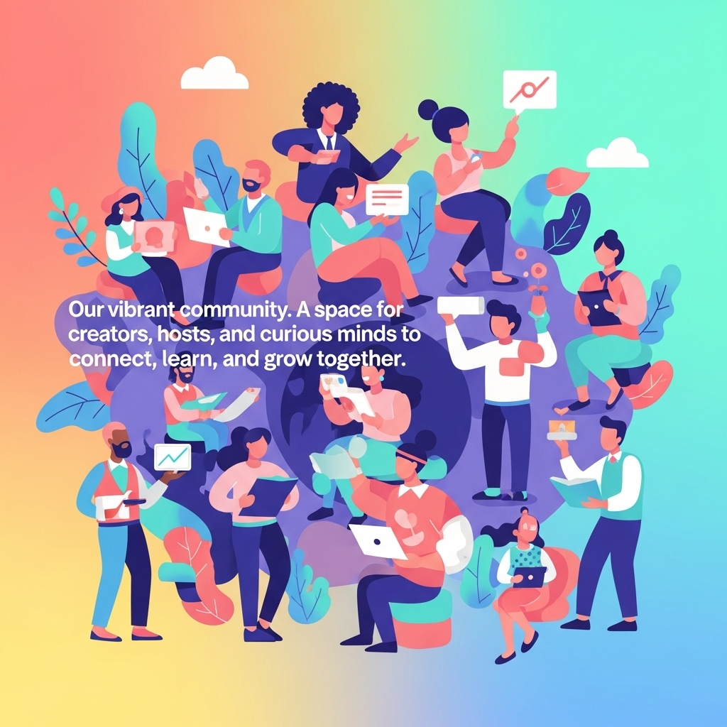 Diverse group of podcast creators collaborating in a community setting