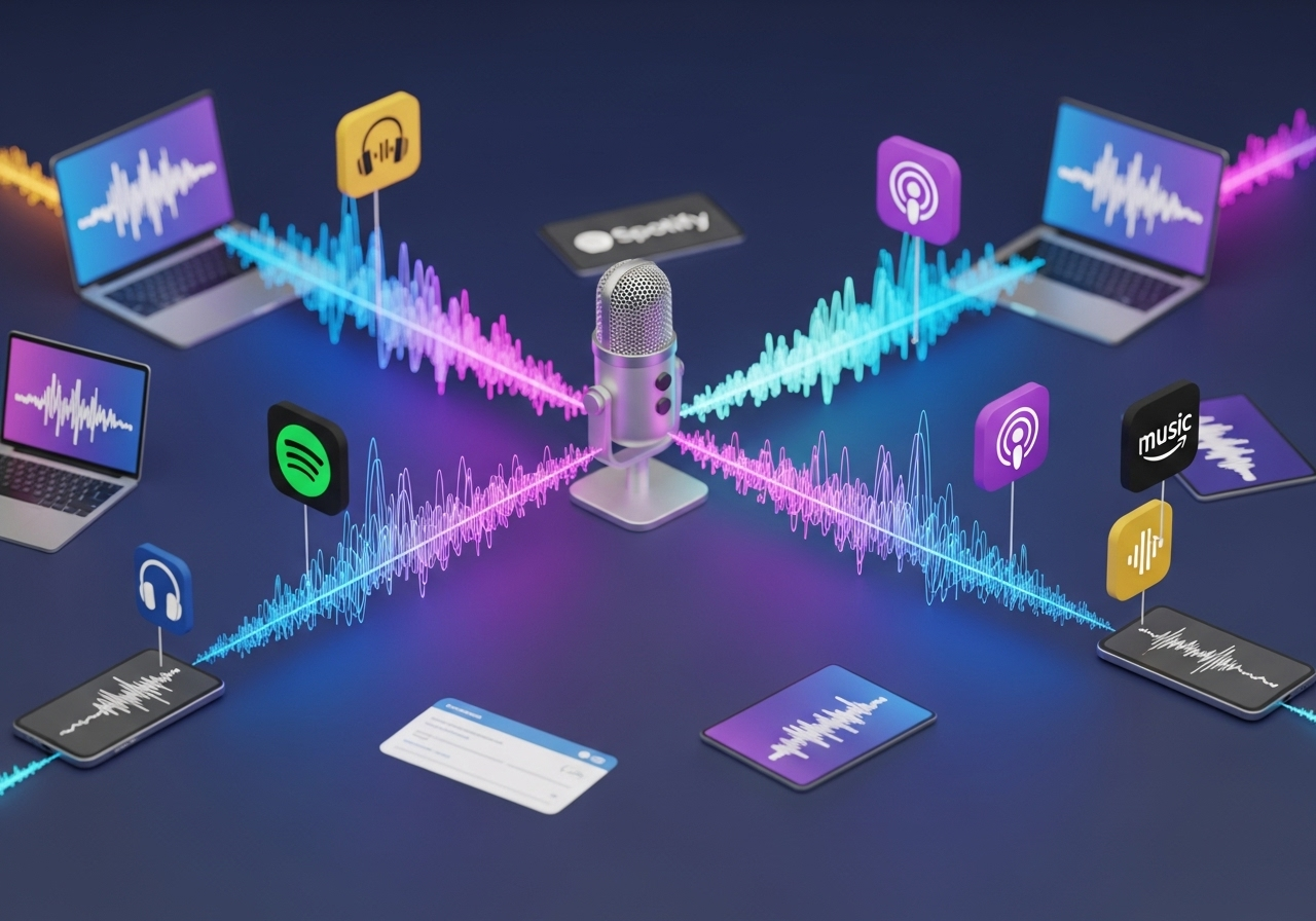 Smartphone screen displaying podcast app icons including Spotify, Apple Podcasts, and Google Podcasts