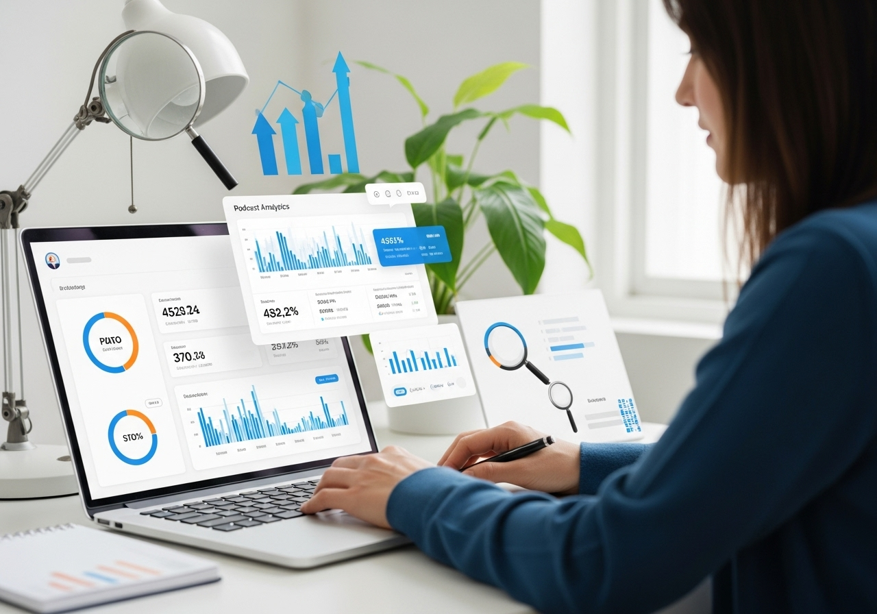 Analytics dashboard with charts, graphs, and podcast performance metrics