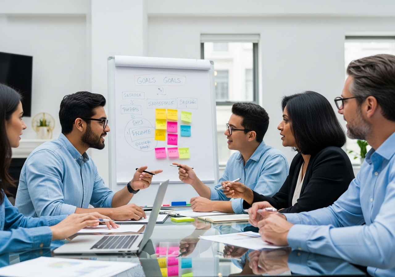 Team collaborating around a whiteboard discussing podcast branding strategy
