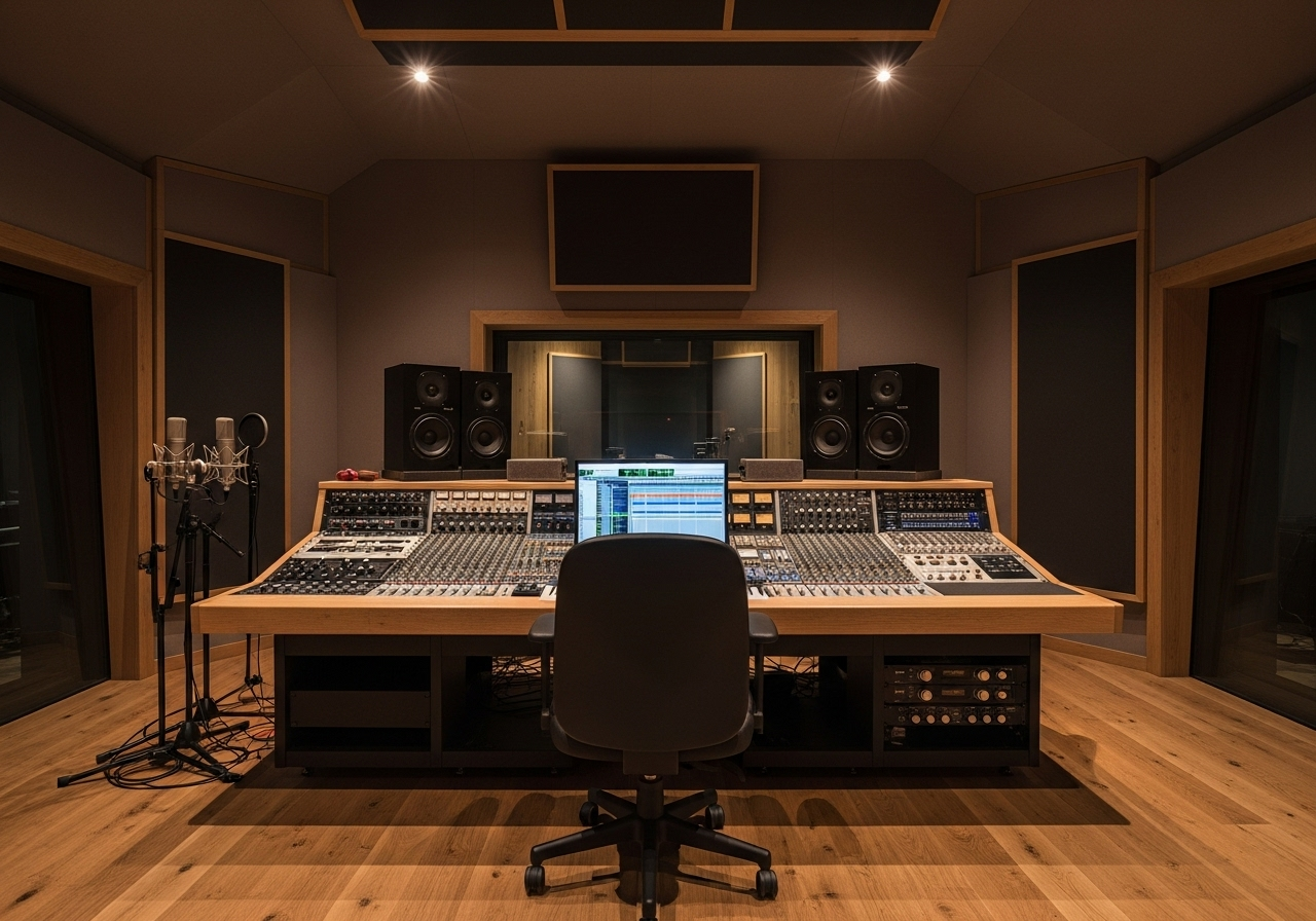 Professional podcasting microphone and audio equipment in a modern recording studio